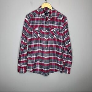 Adam Levine red plaid button front long sleeve shirt